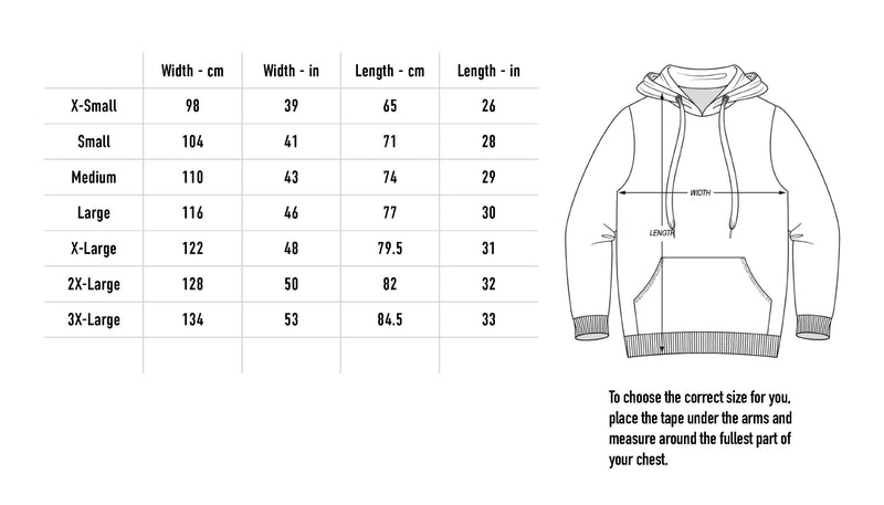 Size chart for TTIAS Logo Hoodie - Black
